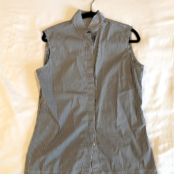 Dark Gray and White Striped Sleeveless Button Down Shirt with Mandarin Collar - Picture 1 of 3